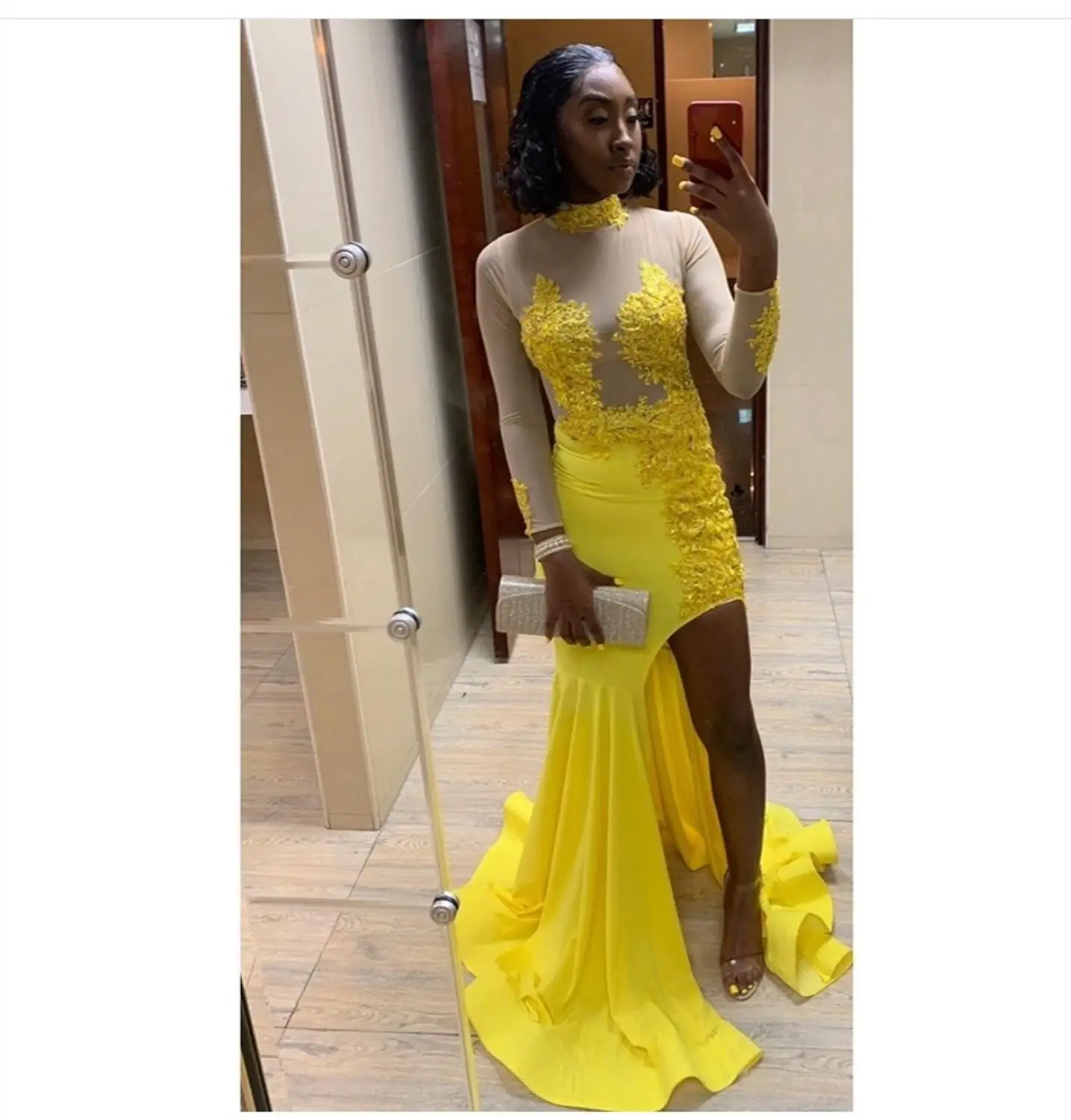 

2020 gold prom dress mermiad for african women party gowns side slit long sleeve flexiable robe de soir e longue abiti da cerimo