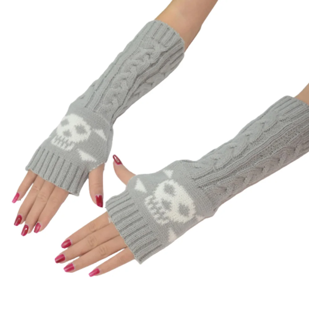 Женские перчатки без пальцев с принтом черепа женские зимние вязаные в стиле эмо