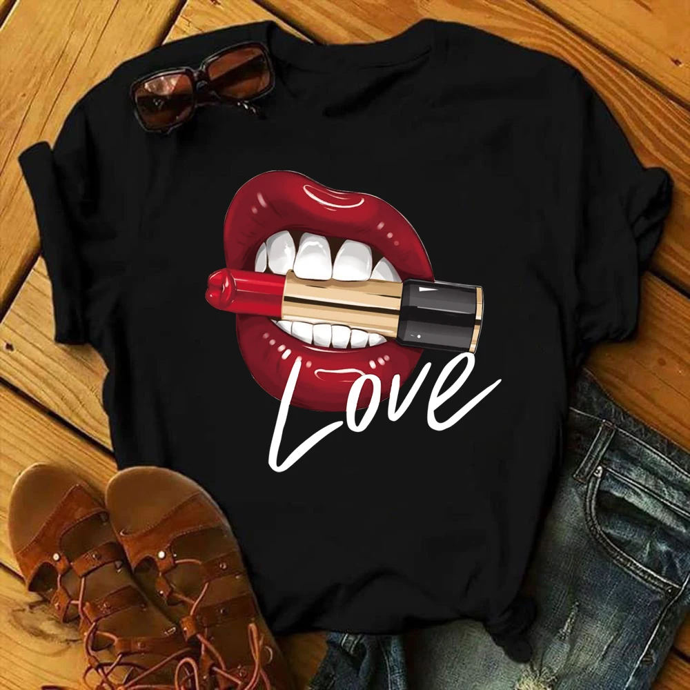 ZOGANKIN Cute Printed Black Tops Red Lips and Lipsticks Fashion Women Love Tshirt Female Tee Shirt Ladies Casual Clothes