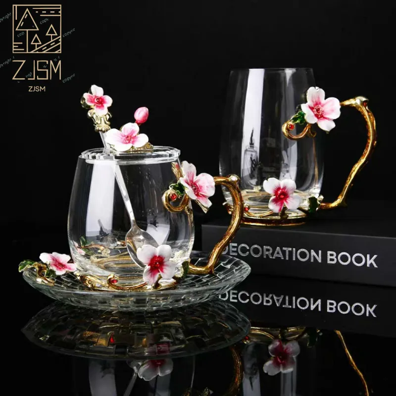 

New Enamel Glass Cup Mug for Coffee Flower Tea Glass Cups with spoon Home Drinkware Perfect Wedding Gift for Summer Tea Mug Set