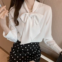 spring 2021 new french style long sleeve temperament stand collar chiffon shirt bow loose white shirt blouse