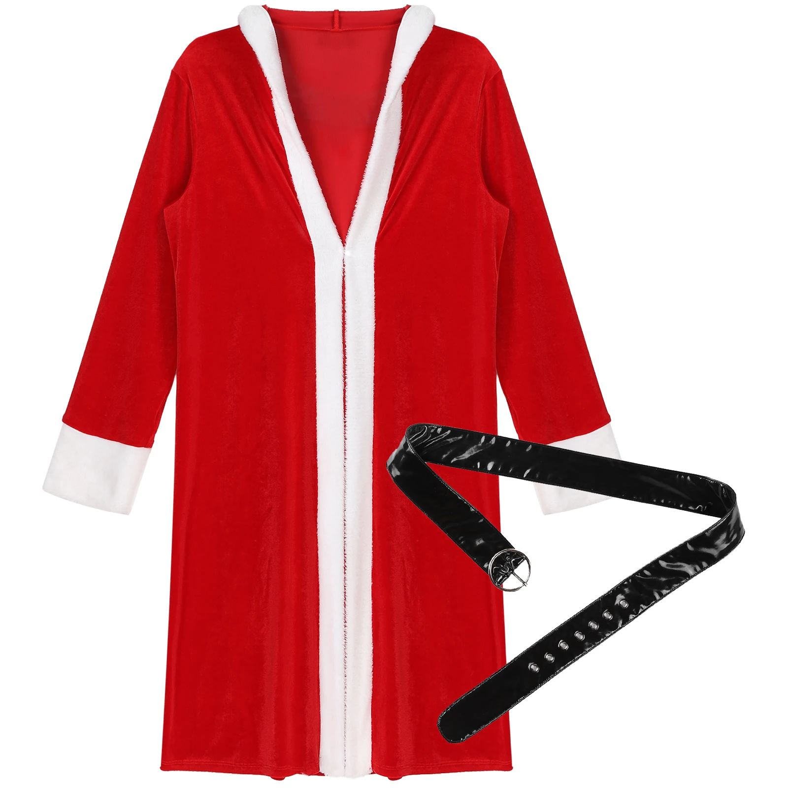 

Men Velvet Hooded Bathrobe Night-gown Nightwear Christmas Costumes Open Front Night-robe with Patent Leather Belt