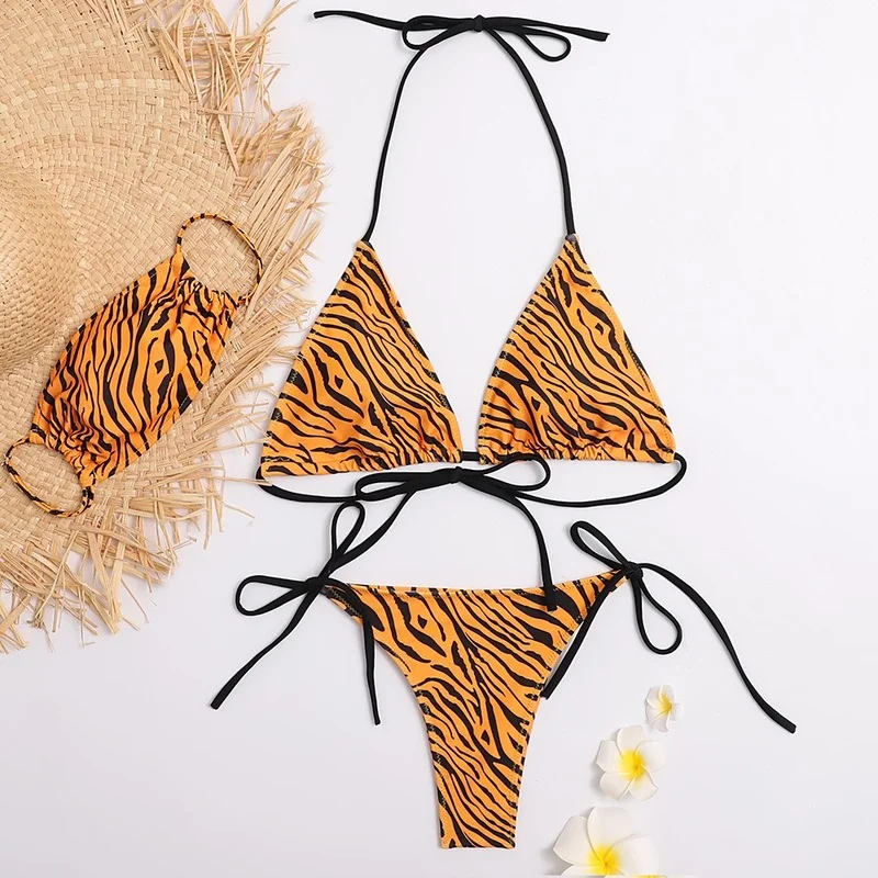 

2021 New Swimwear Sexy Print Triangle Bikini Swimsuit Women's Serpentine Lace-Up Thin 2 Pieces Sets Wire Free Polyester Mask
