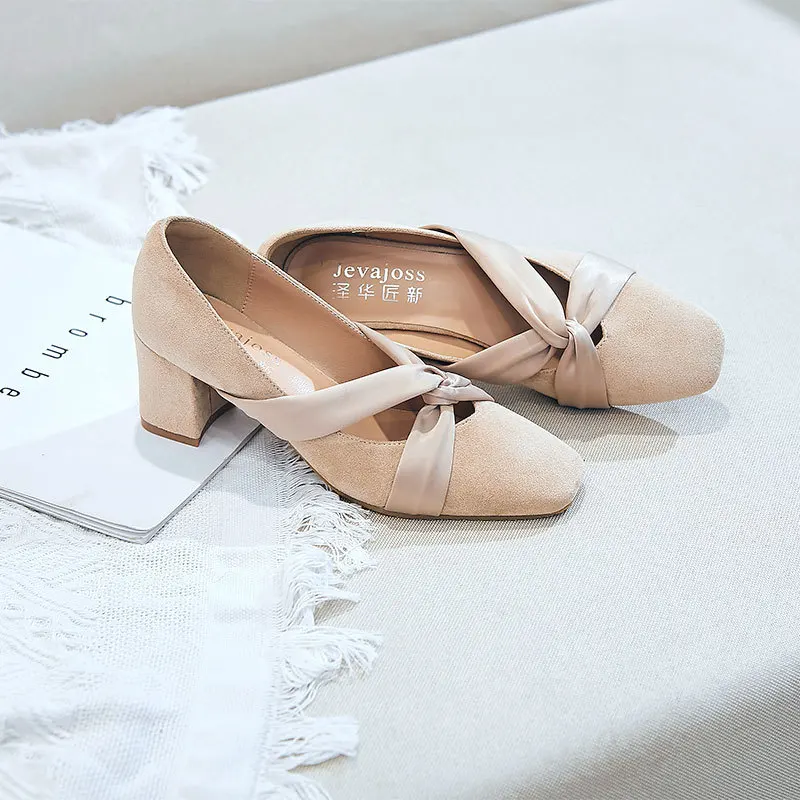 

2021 Spring New Korean Style Square Toe Cross Strap High-heeled Single Shoes Thick-heeled Women's Party Shoes