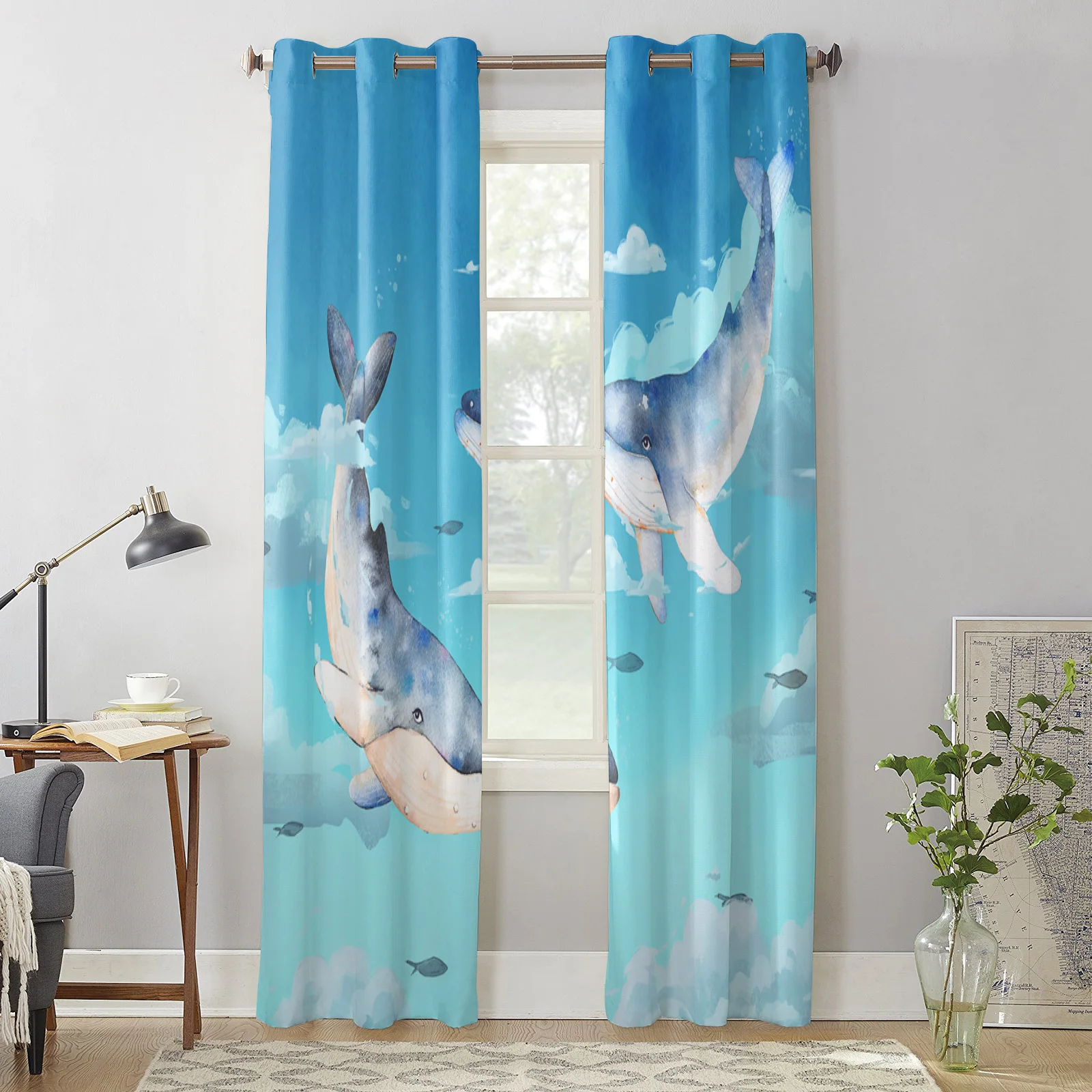 Шторы на окна с рисунком Кита белого облака голубого неба акварельные для