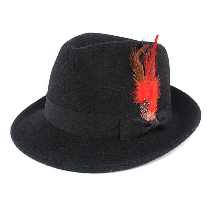 Винтажная Женская Мужская шляпа-пирожок папа шерсть плоская шляпа для джентльмена Gambler Панама мягкая фетровая шляпа с модным пером размер 58 см