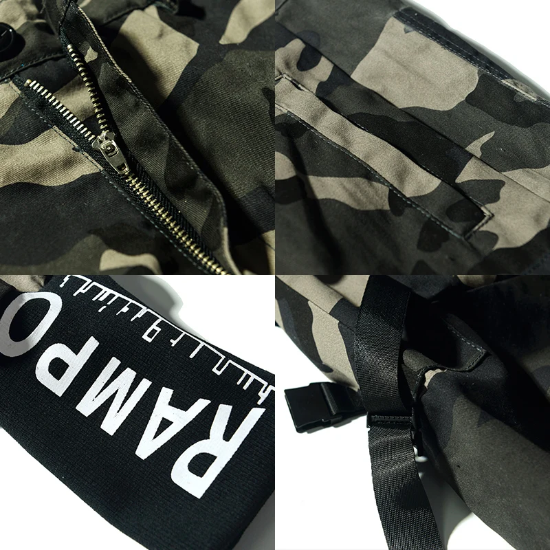 Брюки-карго мужские камуфляжные спортивные джоггеры с лентами много карманов в