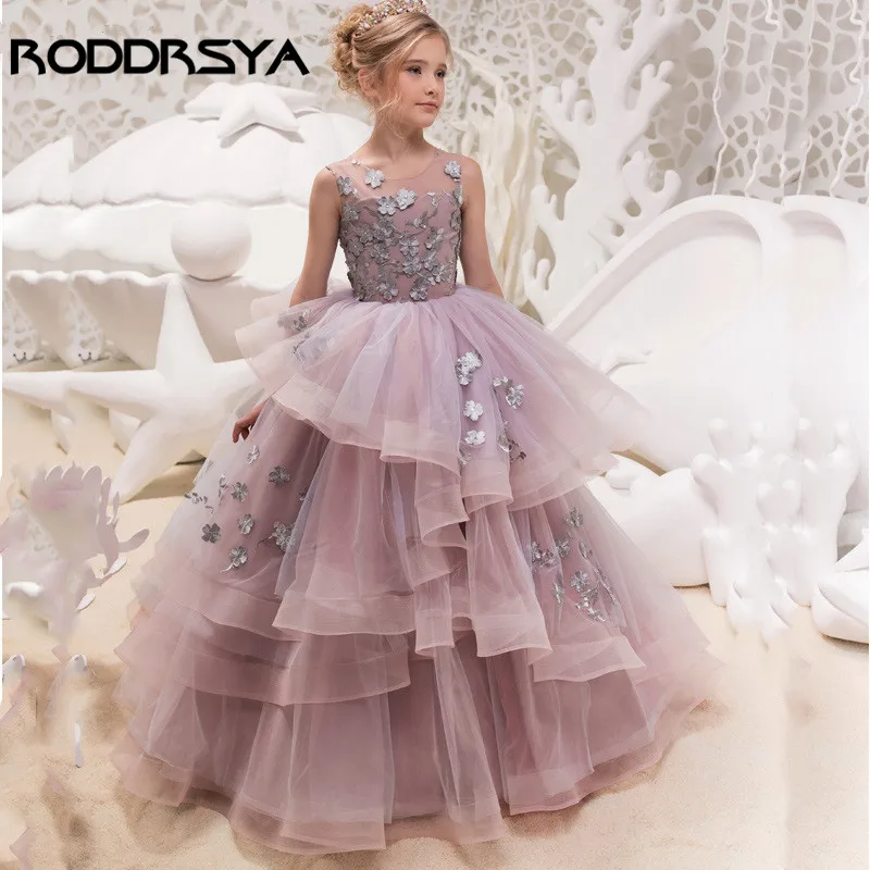 

RODDRSYA Sleeveless Tiered Tulle Flower Girl Dresses Lace Pageant Dresses Gowns First Communion Dress Birthday Party Prom Dress
