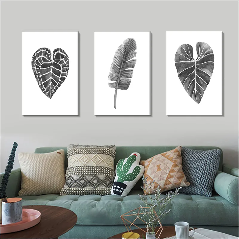 

Black and White Style Leaf Posters and Prints, Simple Simple Strokes, Gray Leaves Printed on Canvas, Living Room Sofa Decorative