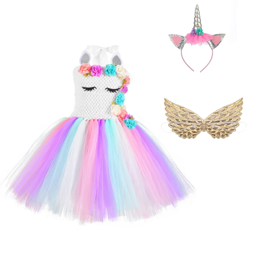 С цветочным рисунком из сетчатой ткани Косплей Единорог платья с юбкой-пачкой