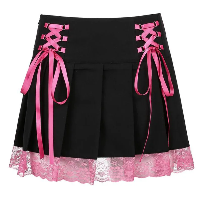 Женская кружевная мини-юбка в готическом стиле черная плиссированная юбка с
