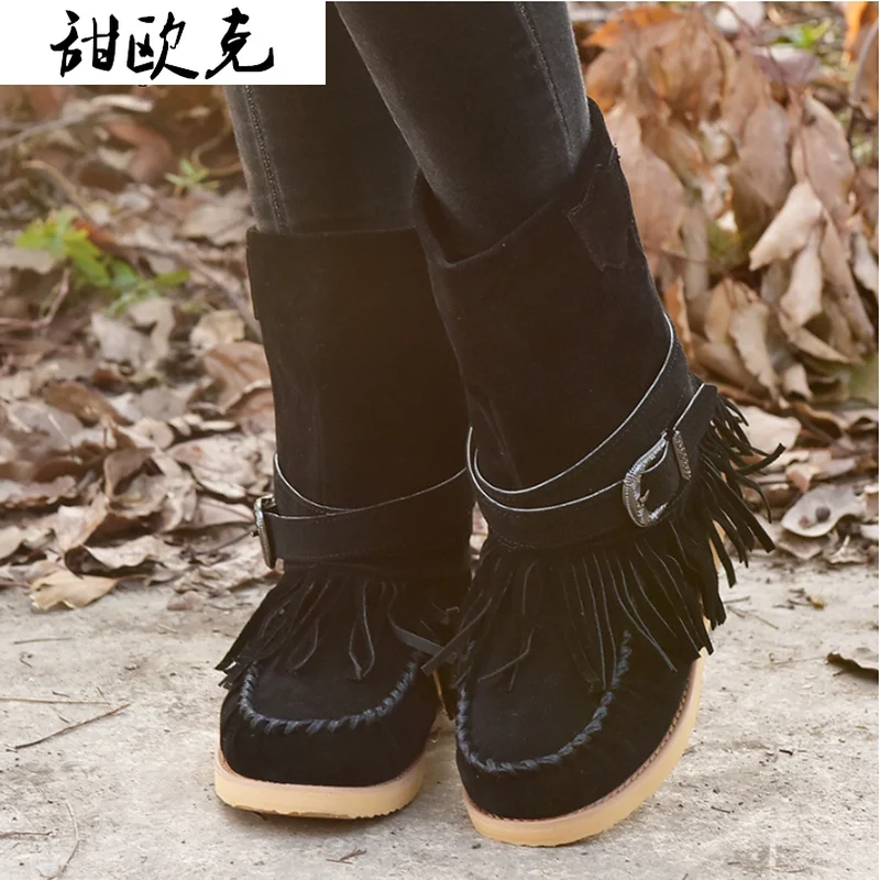 2020 новые зимние женские ботинки модные на низком каблуке с пряжкой до середины