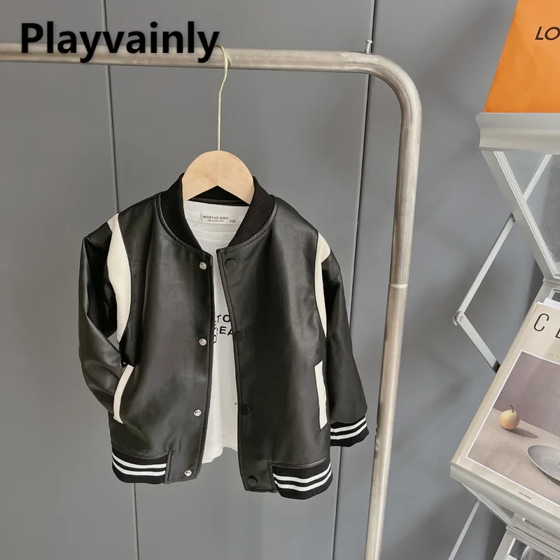 

Корейский стиль 2021, новинка, осеннее пальто для девочек и мальчиков, черная кожаная куртка в стиле пэчворк с длинными рукавами, детская тепл...