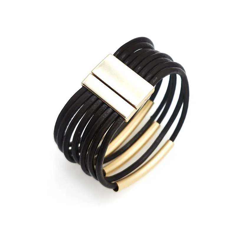 Женский многослойный браслет в стиле панк широкий кожаный с металлической