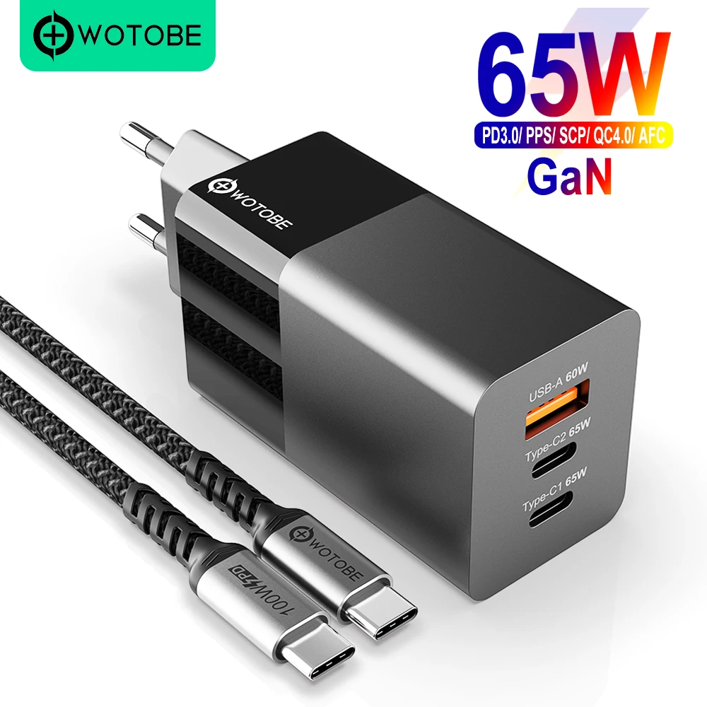 WOTOBE 65 Вт Ган USB C настенное зарядное устройство адаптер питания 3 порта PD PPS QC4 45 SCP