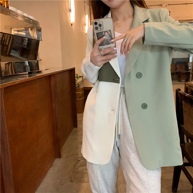 

Spring Autumn 2021 New Women Blazer Patchwork Irregular Color Matching Vintage Women Blazers Jackets Asymmetry Loose Suit Coats