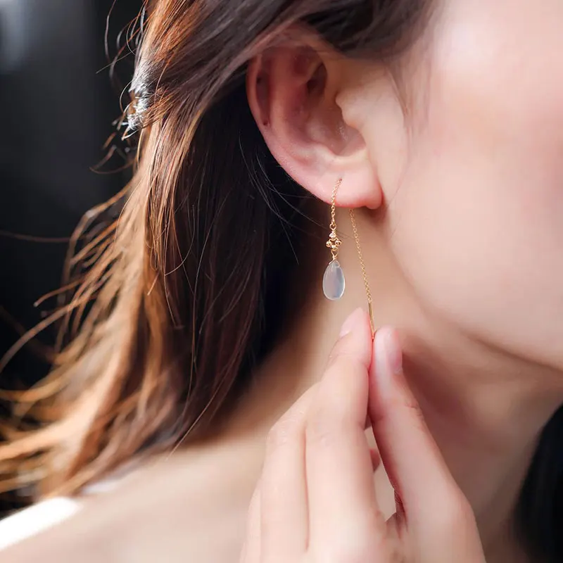 DAIMI 14K Gold Injection Grey Moonstone Long Earrings Female Simple Hand Send Girlfriend | Украшения и аксессуары