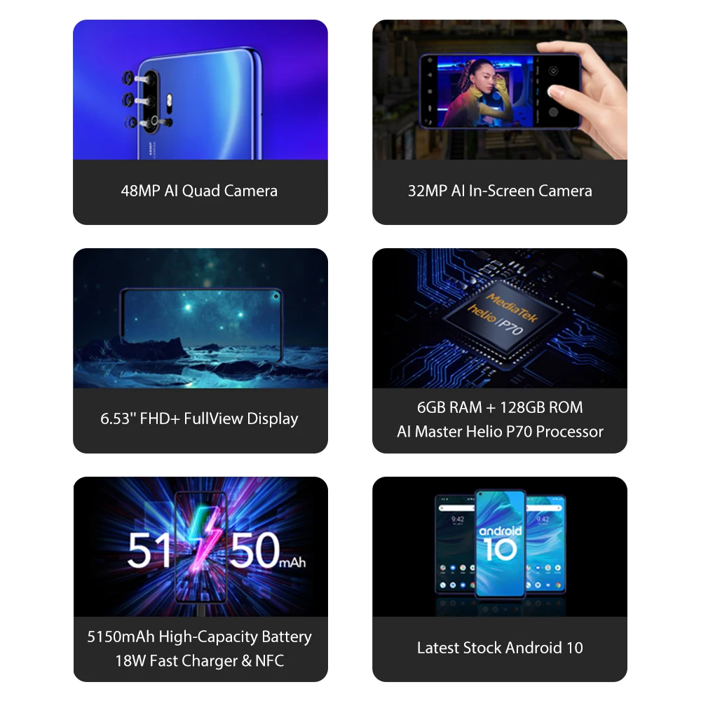 UMIDIGI F2 телефон Android 10 глобальная версия 6 53 "FHD + ГБ 128 48MP AI Quad камера 32MP Selfie Helio P70