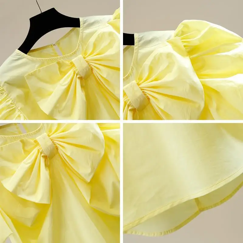 

SuperAen Fashion Retro Puff Sleeve Irregular Folds Three-dimensional Bow Decoration Fork Solid Shirt All Match Women Top