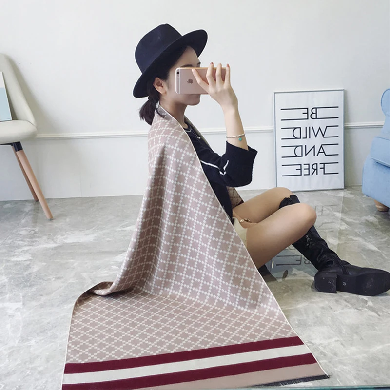 Осень зима 2018 женский полосатый кашемировый шарф в виде ромбовидной решетки