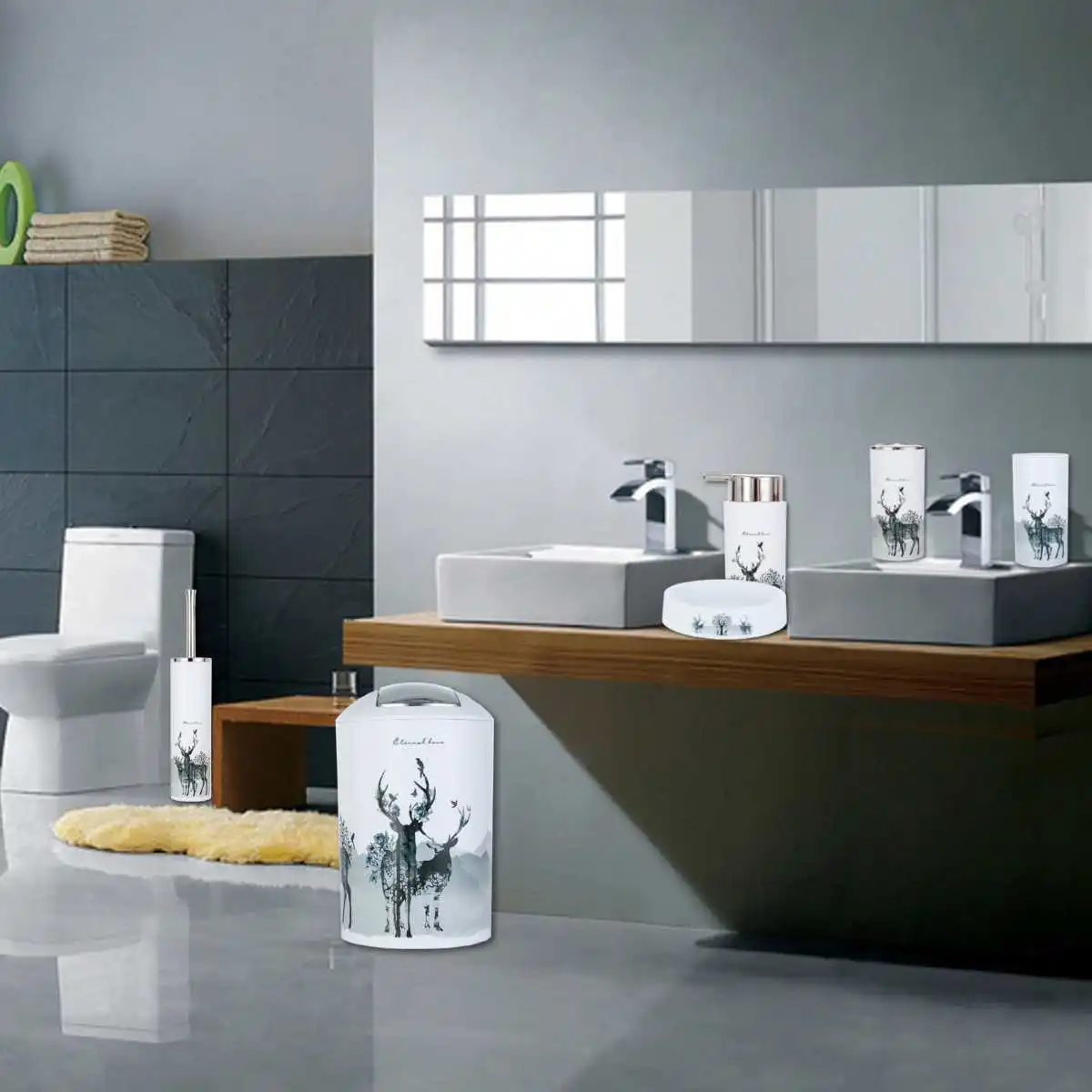 Nordic 6Pcs/Set Printing Bathroom Accessory Set Lotion Dispenser Toothbrush Holder Tumbler Cup Soap Dish Toilet Brush Trash Ca