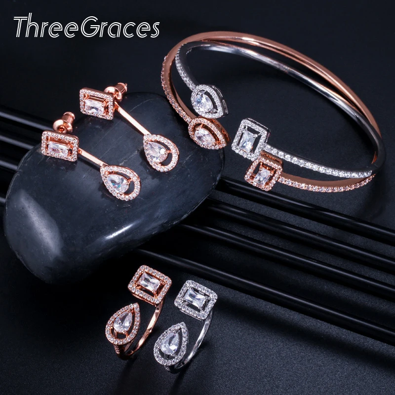 

Роскошные ювелирные изделия ThreeGraces, цвет розового золота, CZ, круглые Открытые Браслеты-манжеты, браслет, серьги, кольца, набор для женщин, под...