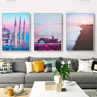 nordic beautiful pink building wall art canvas paintings seaside dusk scene wall art prints and posters girls room home decor