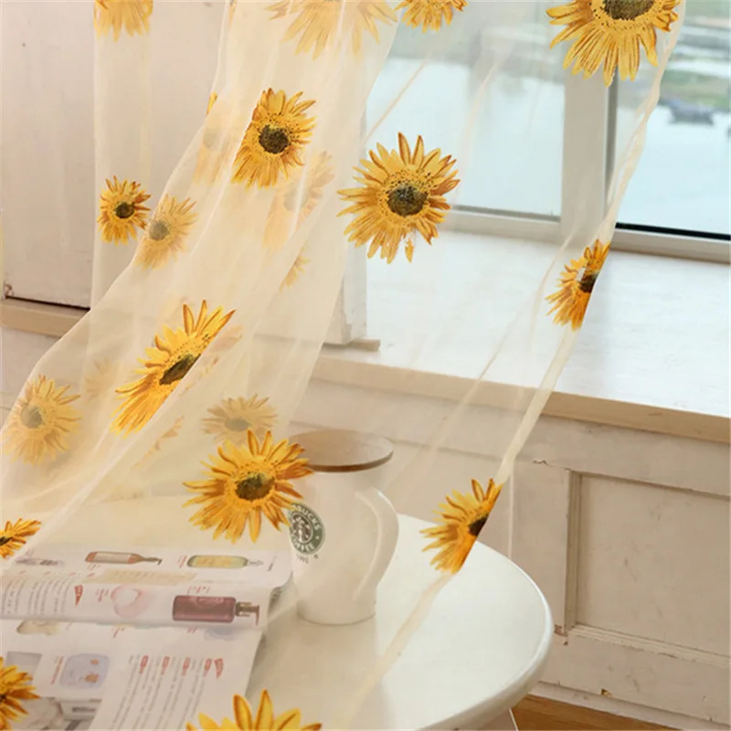 

Sunflower Printed Curtain Tulle for Kitchen Yellow Flower Sheer Voile for Living Room Balcony Kid's Room Cheaper Panel HM125#30