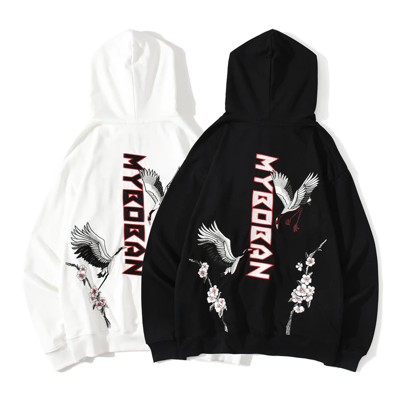 

Harajuku Japanese Embroidered Cranes Fleece Velvet Hoodie Streetwear Men 2020 Hip Hop Pullover Sweatshirts Winter Hoodie Thicken