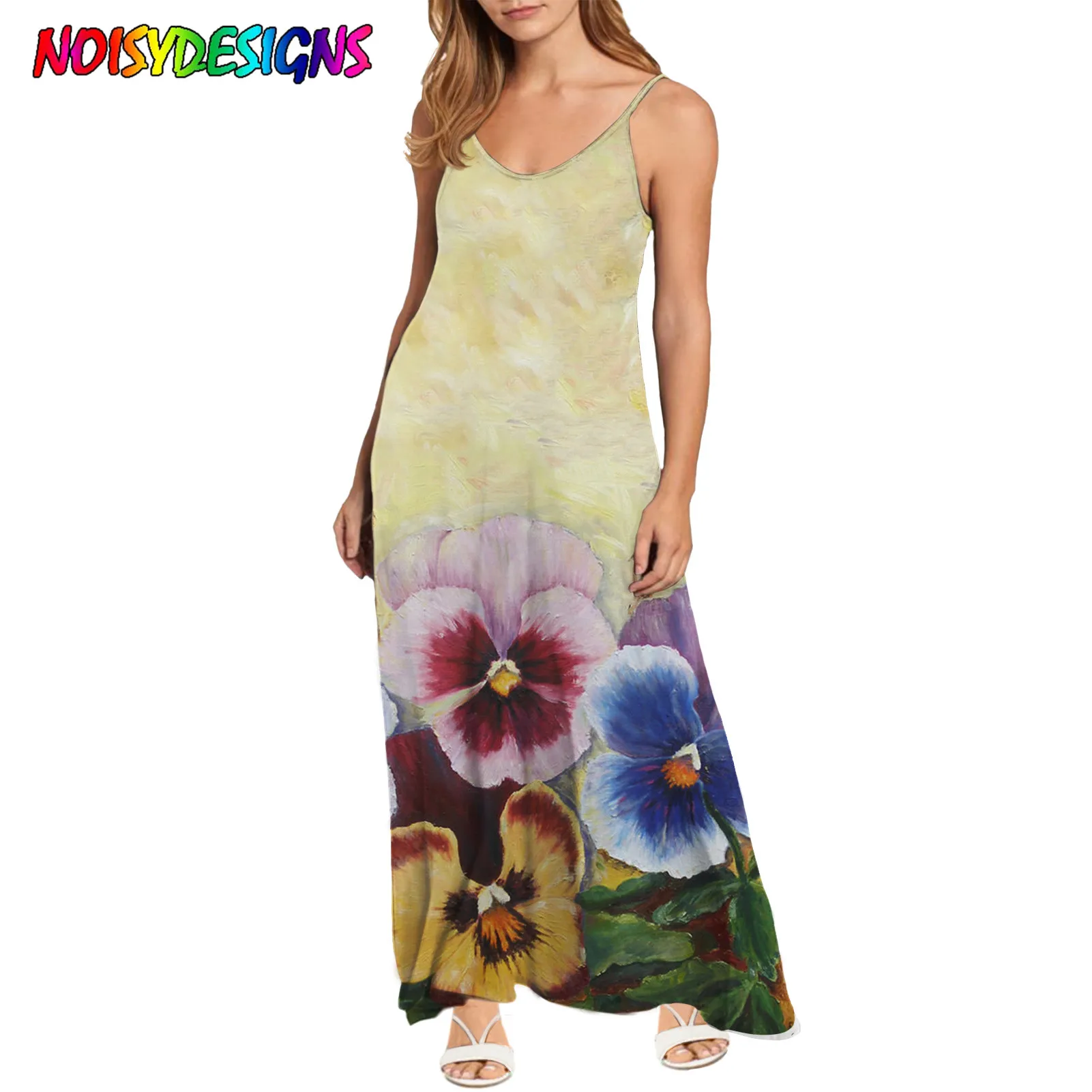 NOISYDESIGNS Summer Fairy Dress Women Pansy Flowers Painting Dress Sleeveless Casual Elegant Color Floral Print Dress Women 2021