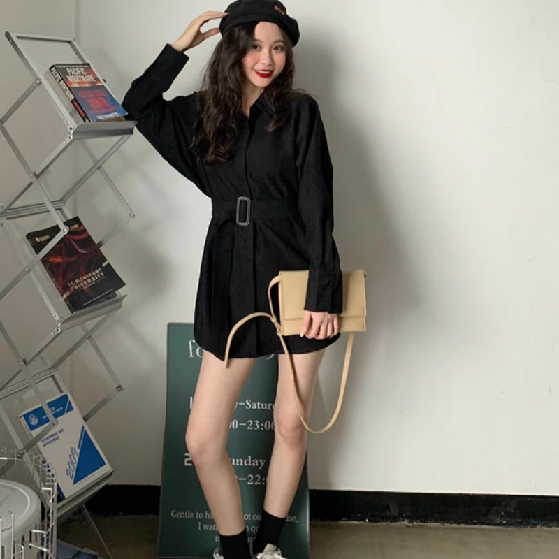 

Shirts Womens Long Sashes Design Loose Corduroy Solid Single Breasted Vintage Lady Ulzzang Chic All-match Casual Fashion Korean