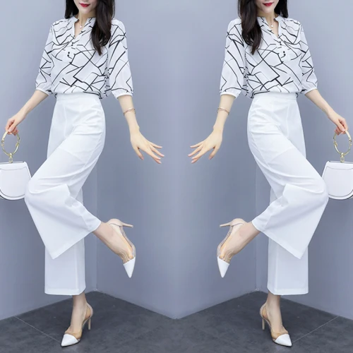 

Chiffon Women 2 Piece Set Top And Pants Office Lady Two Piece Outfits Ensemble Femme Deux Pieces Conjunto Feminino Woman Suit