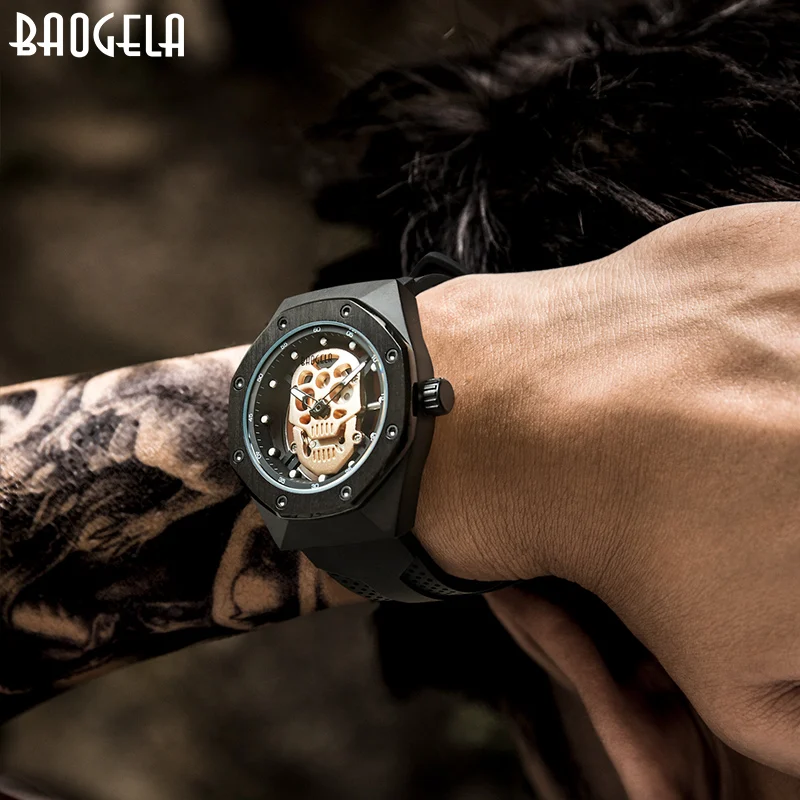 BAOGELAsquelette montres hommes évider étanche montre браслет crâne cadran militaire sport homme Relogios Masculino 190|Кварцевые