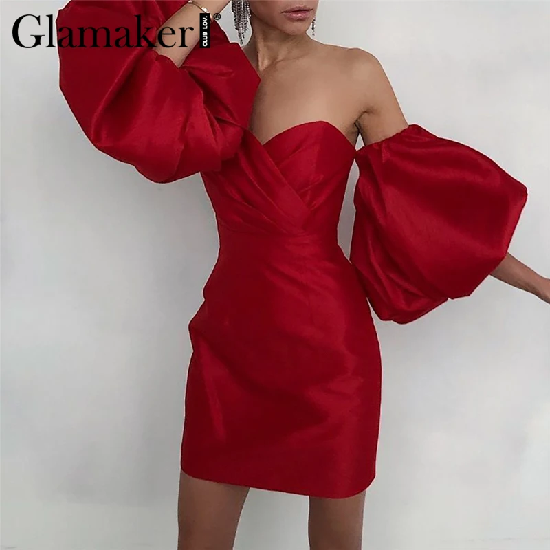 Glamaker красное платье с коротким рукавом фонариком и открытыми плечами элегантные