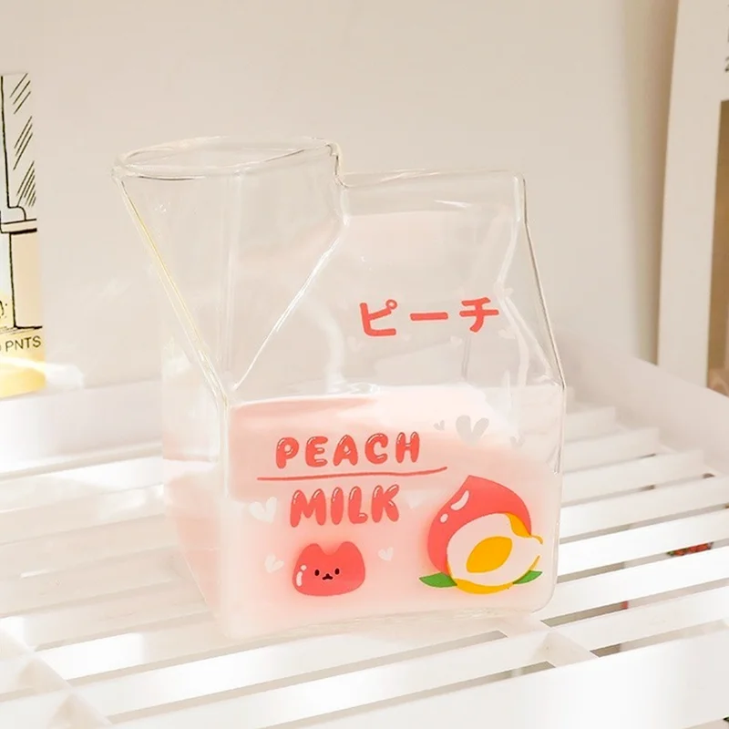 

380ml Kawaii Square Milk Carton Glass Cup Cute Strawberry Creative Breakfast Cup For Home Portable Student Transparent Milk Cups