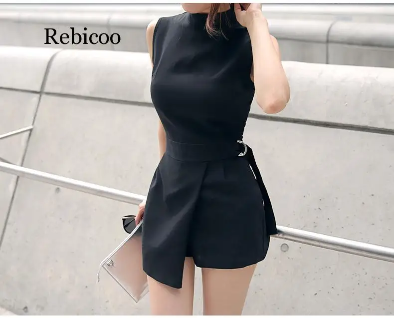 

Elegant Belted Slim Playsuits Women Short Jumpsuit Stand Collar Sleeveless Irregular Lap Sexy Romper Overalls Brand New