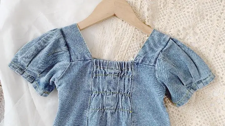 

Girls Korean Style Denim Short Sleeve Dress 2021 New Summer Children Fashion Puff Sleeve Skirt