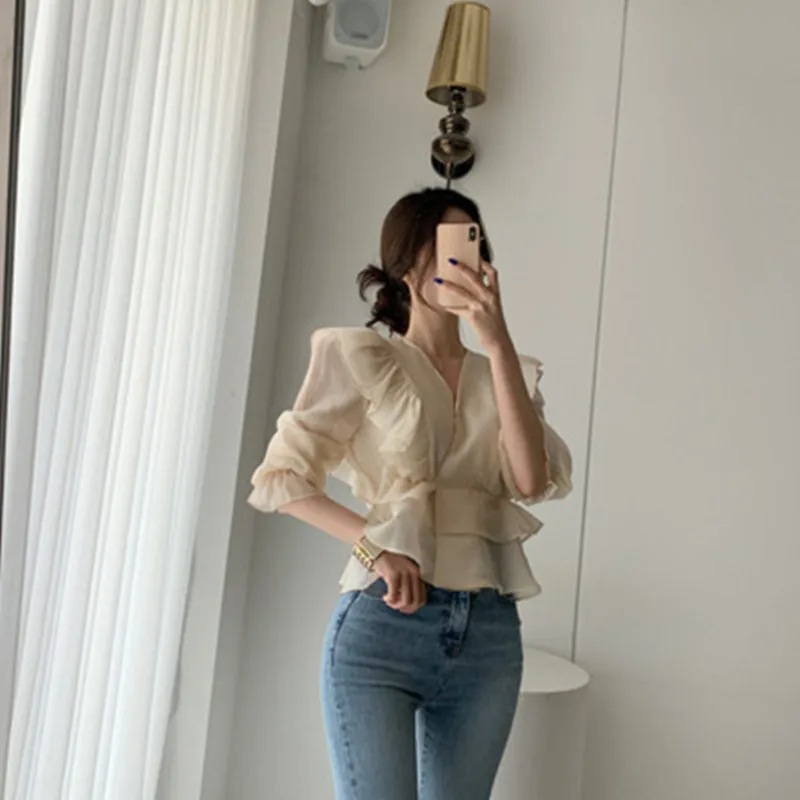 

2021 Ruffled Deep V-neck Silk Shirt Fashion Female Vintage Slimming Chiffon Blouse Solid Sweet Flare Sleeve Woman's Shirt