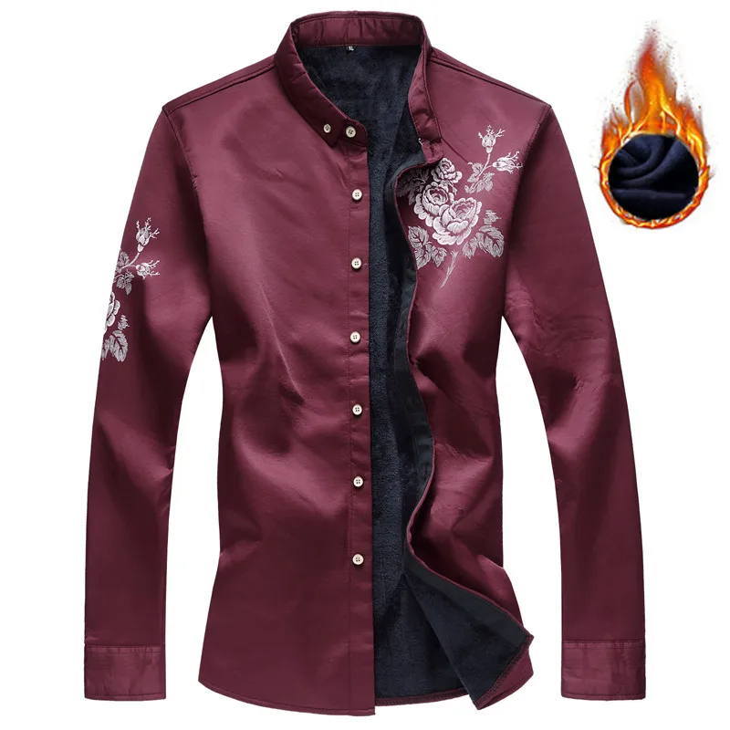 

Рубашка мужская флисовая с длинным рукавом, модная брендовая теплая сорочка из Гладкого шелка, с принтом роз, для свадебвечерние НКИ, размер...