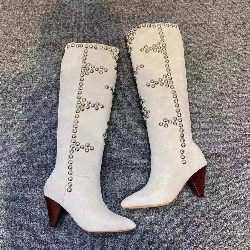 

Fall / winter 2020 rivet high heel pointed women's boots leather personalized large shoes