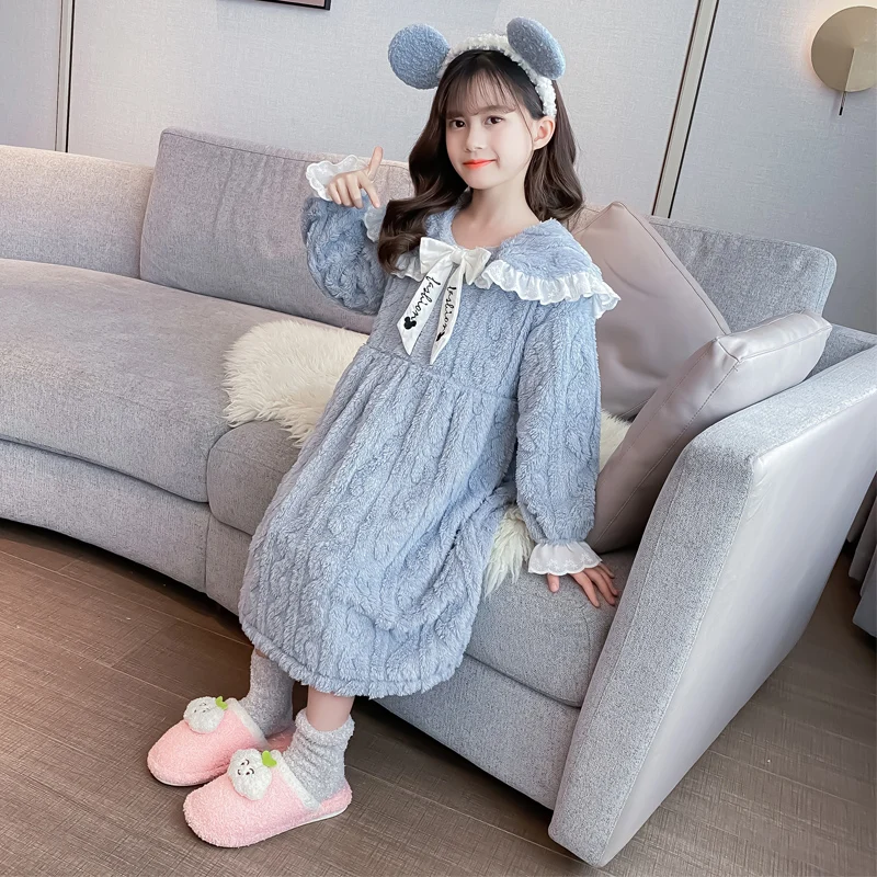 

2021 Autumn Winter Kids Robe Flannel Nightgown Peter Pan Collar Long Sleeve Sweet Elegant Nightdress Kids Clothes Girls 4-12 Yrs