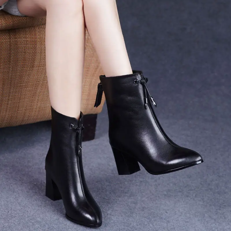 2020 зимняя обувь Женская на высоком каблуке Ботинки с острым носком Женские