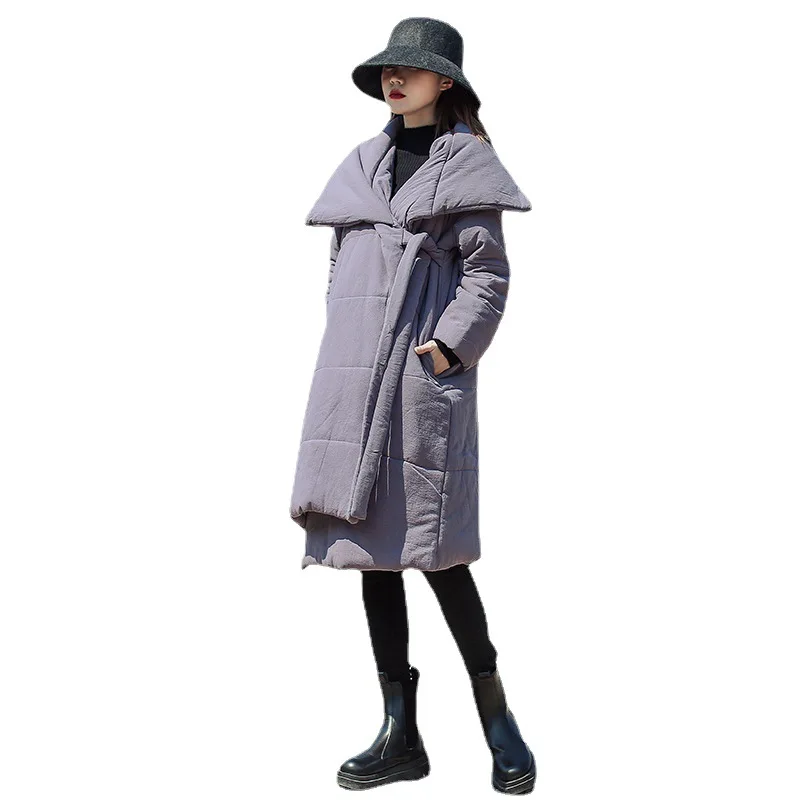 2021 Women Elegant Pockets Long Cotton Jackets Lapel Stitching Loose Winter Belt Parkas Women Fashion Straight Solid Coats