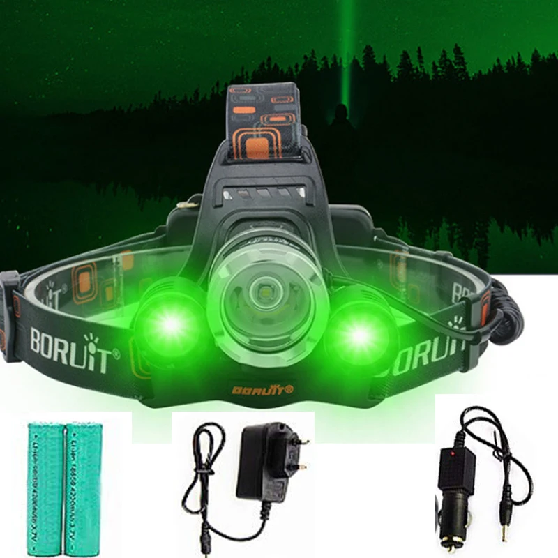5000 Lumen Headlamp T6+2R5 Green LED Headlight linterna frontal High Power Head Light +18650 Battery Charger For Hunting Camping