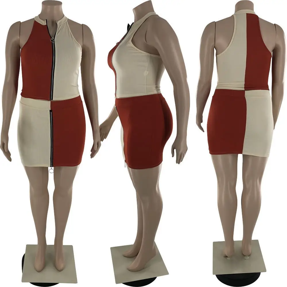 

Large Size Patchwork Two Piece Set Women Skirt 2021 Summer Knitted Bodycon Top and Zipper Up High Stretch Skirt Outfits Ladies