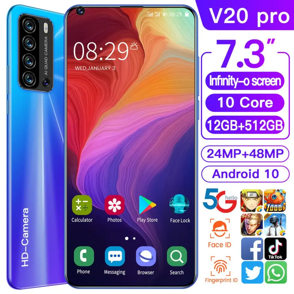 

V20 Pro Smartphone Android10.0 12GB+512GB Featured Phone 24MP+48MP Push-Button Phone MTK6889 Deca Core Unlocked Cell Phones