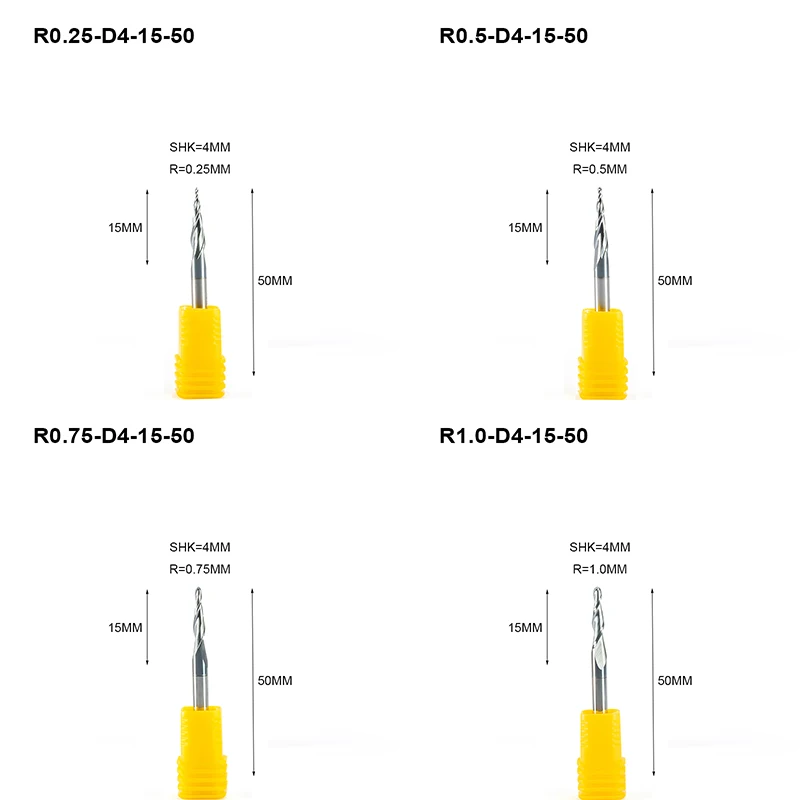 5 шт./лот R0.5 R1.0 * D4 15 50L 2F HRC55 вольфрамовые твердосплавные конические сферические