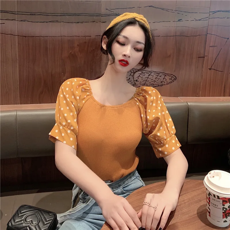 

Knitted Women's Clothing Slim Off Shoulder Fashion Brand Summer Style Tops Polka Dot Slash Neck Tees Puff Sleeve T Shirts New