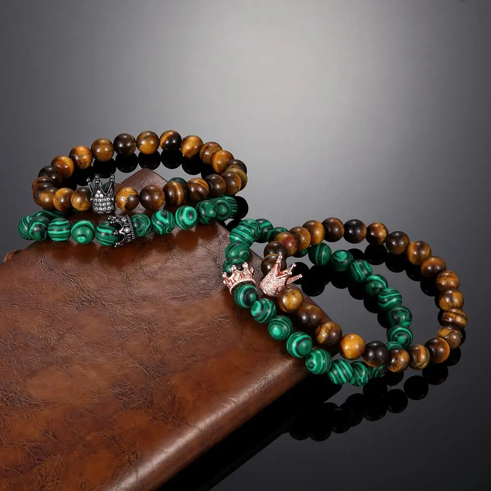 202 Crown Bracelet Couple Female Jewelry 8mm Natural Stone Micro Inlaid Zircon Gold andMen homme Gift | Украшения и аксессуары