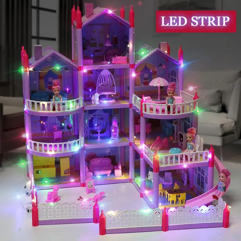 large size assembled diy cottage lighting villa model montessori 3d puzzle doll house set family castle villa children toys gift free global shipping